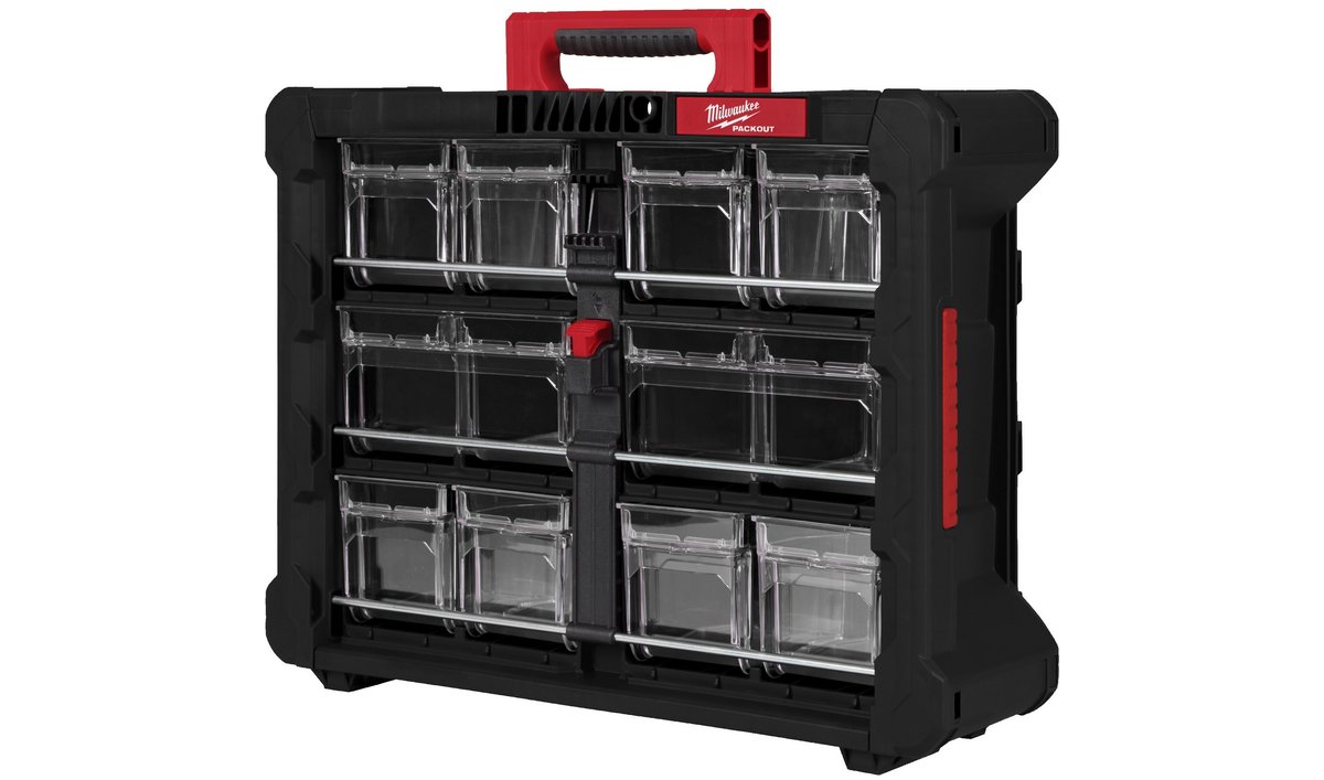 Cutie organizare Packout Milwaukee, capace rabatabile, maner ergonomic, compartimente pentru articole mici, 4932498323