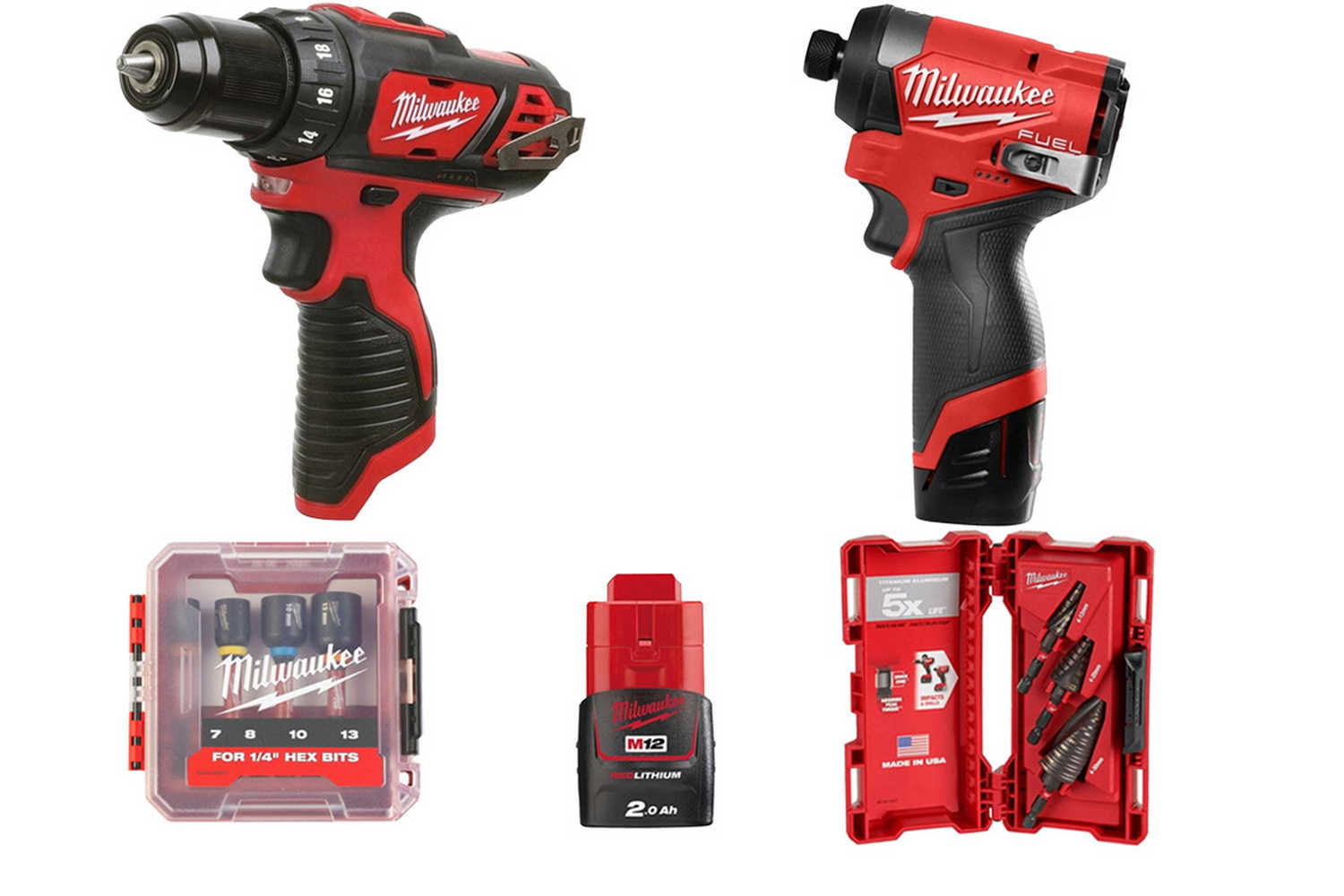 Pachet promotional Milwaukee Big Red, masina de insurubat, masina de gaurit, set burghie, chei magnetice, acumulator, 4933441930-BIGRED