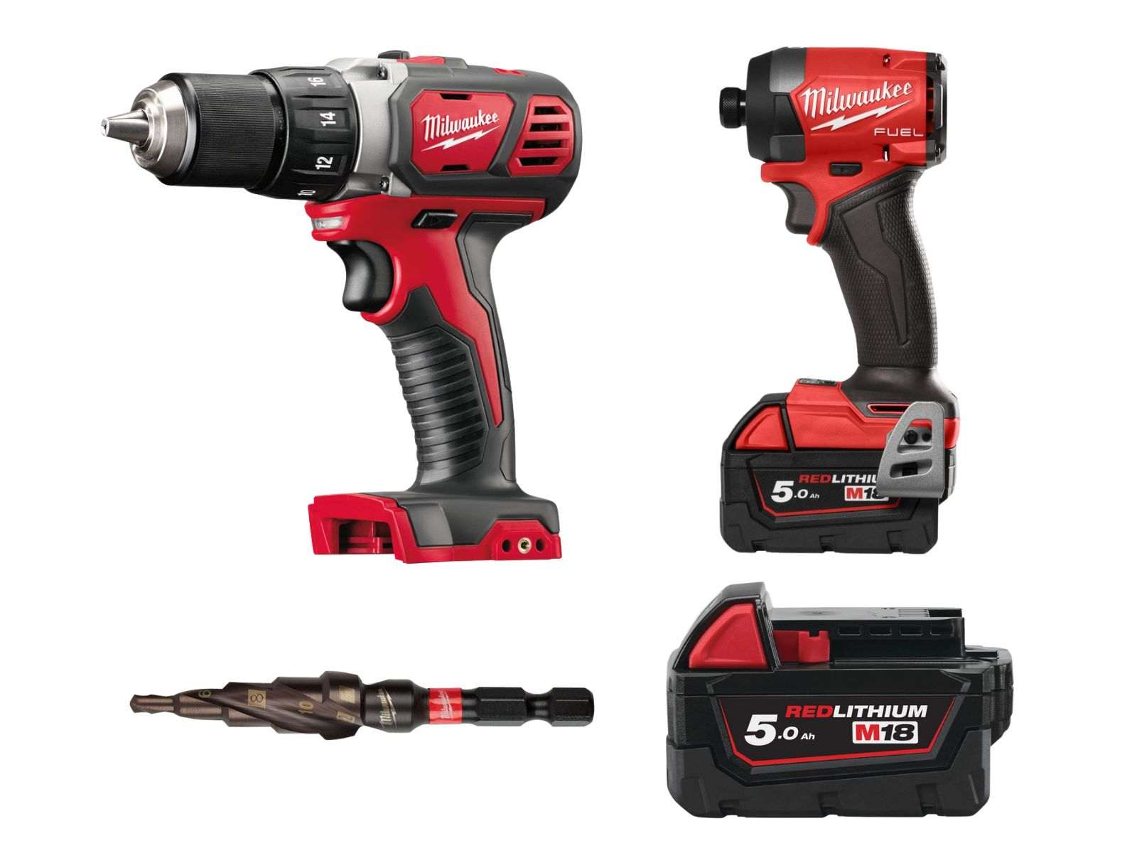 Pachet promotional Milwaukee Big Red, masina de gaurit compacta, masina de insurubat, burghiu, acumulator M18 B5, 4933443530-BIGRED