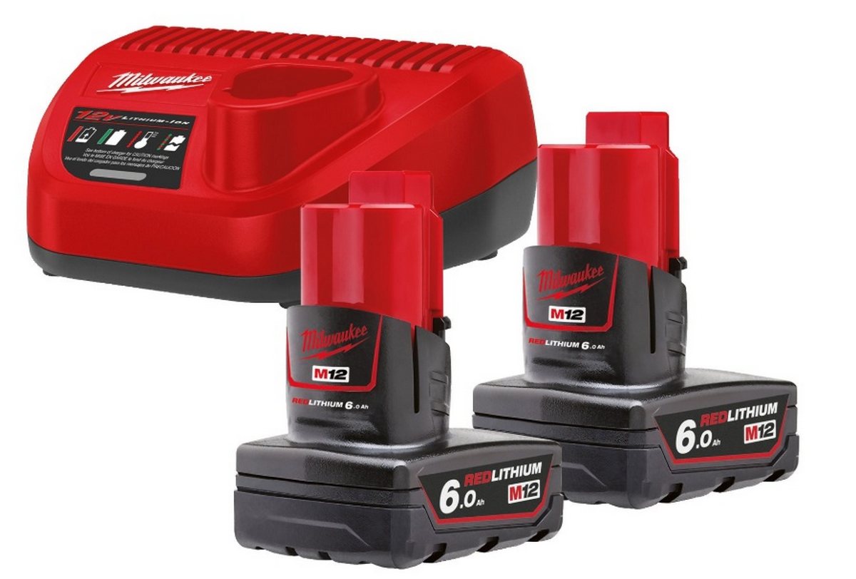 Set 2 acumulatori 6.0Ah Li-Ion si incarcator Milwaukee M12 NRG-602, 4933451903