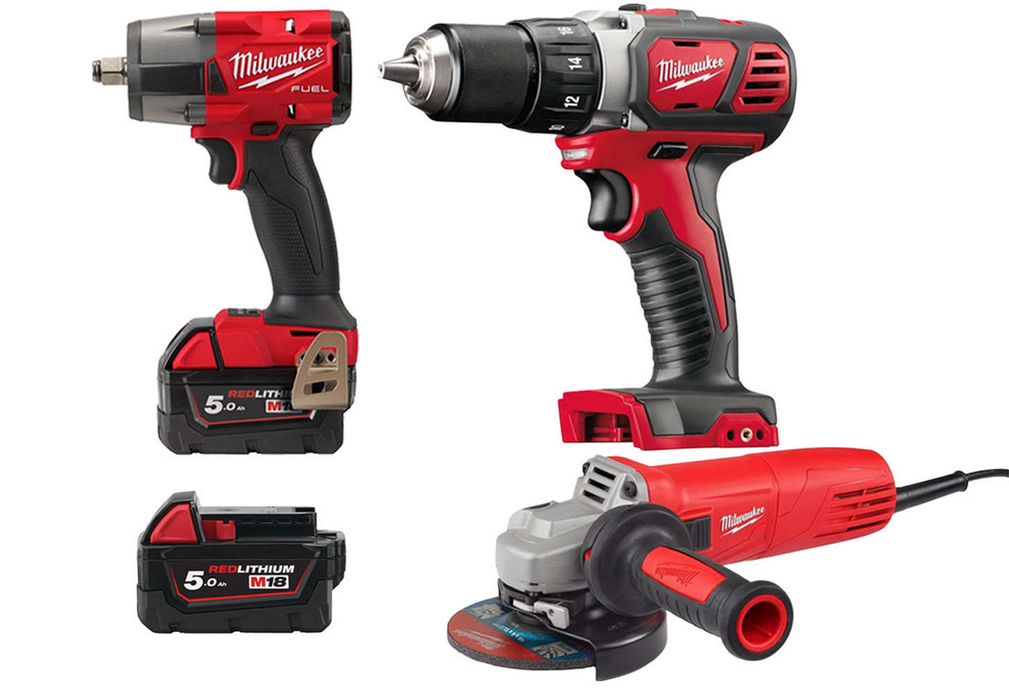 Pachet promotional Milwaukee Big Red, cheie de impact M18, polizor unghiular, masina de gaurit, acumulator M18, 4933478450-BIGRED