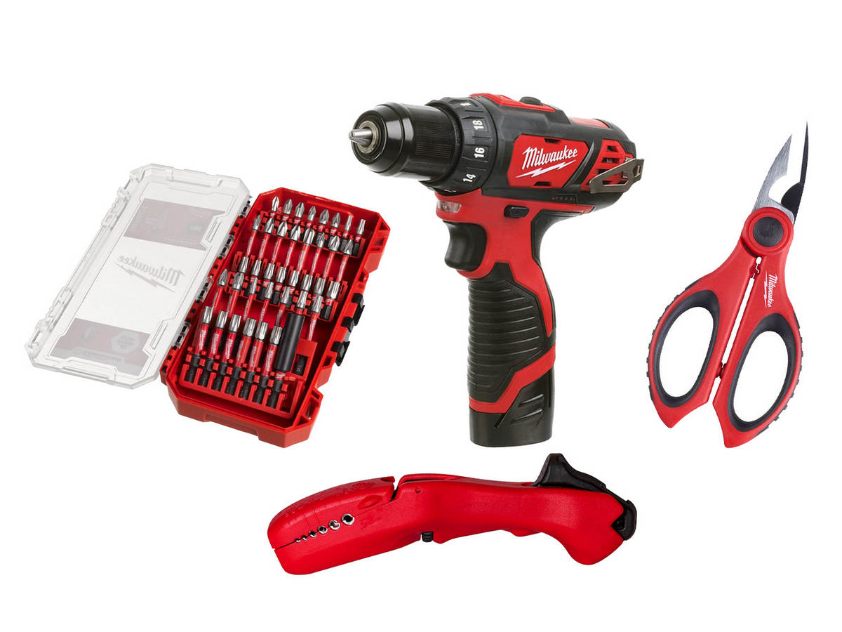 PROMO Masina de gaurit subcompacta, acumulator, incarcator Milwaukee M12, set 38 biti, foarfeca electricieni, scula dezizolare, 4933479439-PROMO