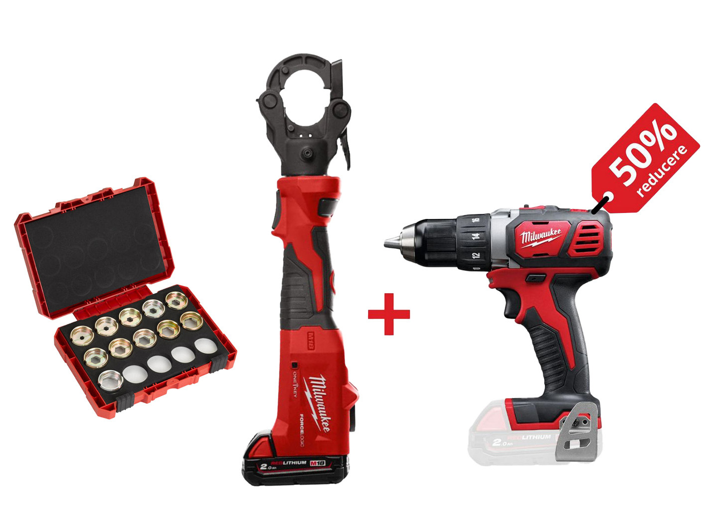 PROMO: Kit presa hidraulica Milwaukee ONE-KEY M18 ONEHCCT60-202C, 60 kN, 18V + Masina de gaurit compacta M18, 50 Nm, mandrina 13mm, bacuri sertizare, 4933479684-PROMO