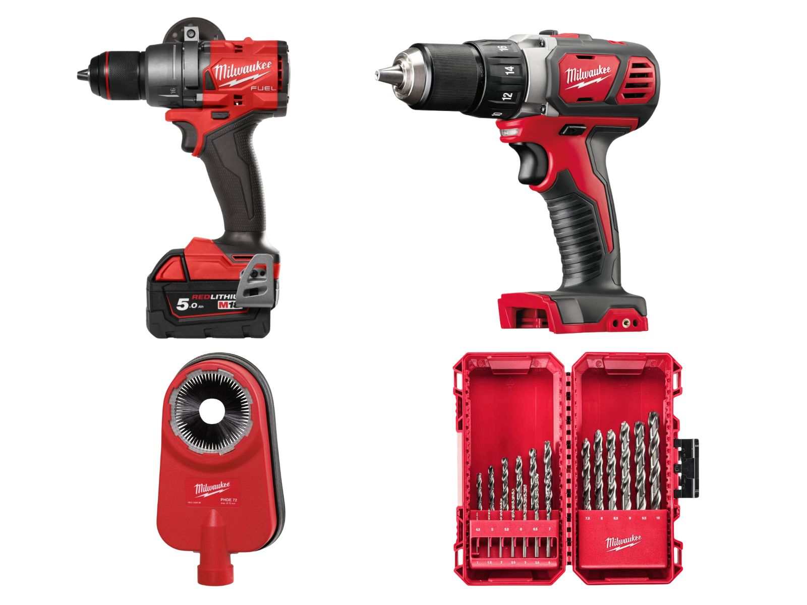 Pachet promotional Milwaukee Big Red, masina gaurit cu percutie, masina gaurit compacta, set 19 burghie, dispozitiv colectare praf, 4933479860-BIGRED