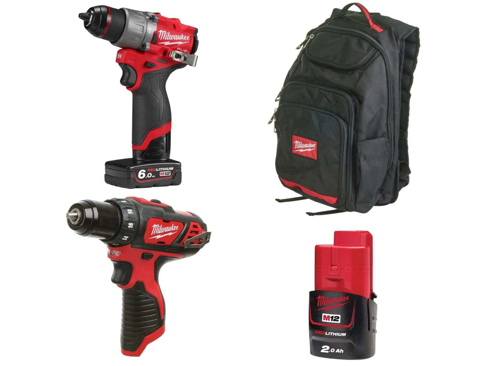 Pachet promotional Milwaukee Big Red, masina gaurit cu percutie, masina gaurit subcompacta, rucsac, acumulator M12, 4933479870-BIGRED