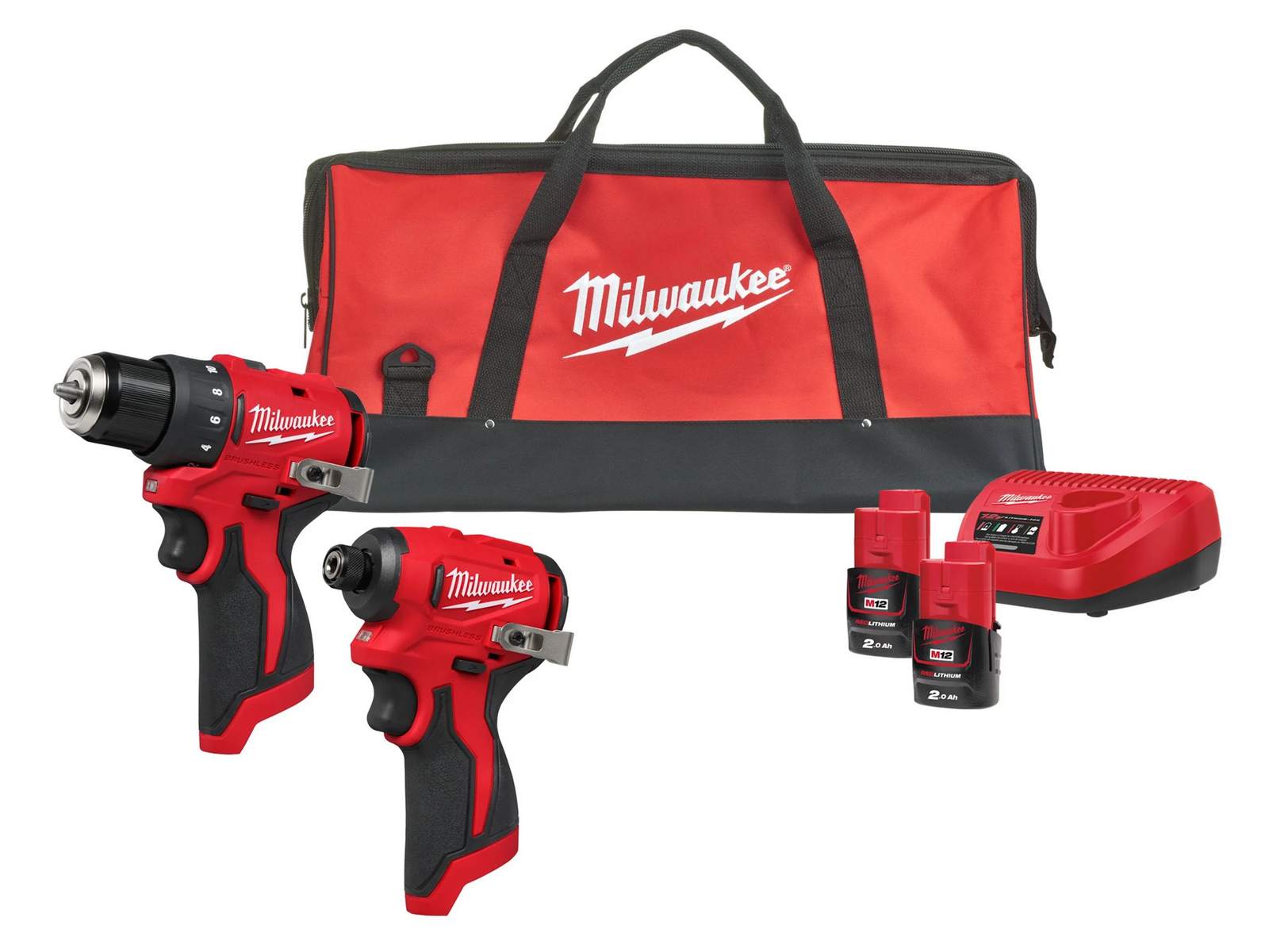 Set scule cu motor fara perii Milwaukee M12 BLPP2D-202B, masina de gaurit, masina de insurubat, 2x acumulatori, incarcator, 4933500139