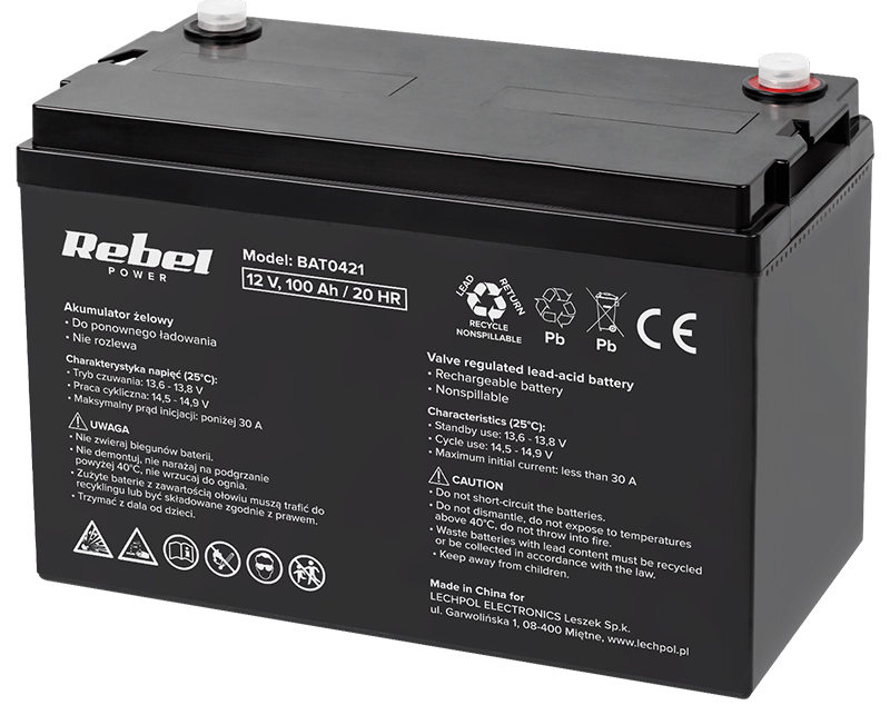 Acumulator cu gel, 12V, 100Ah, rezistenta interna 7 mOhm, Rebel BAT0421