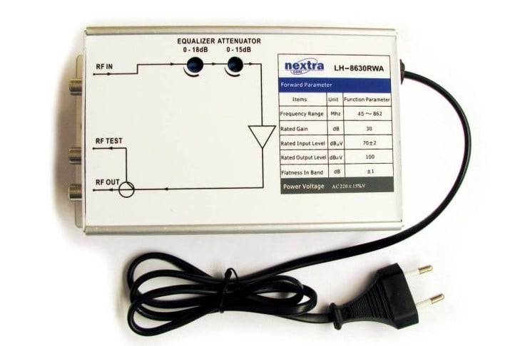 Amplificator semnal CATV Nextra LH-8630RWA, 45-862 MHz, castig 30 dB, nivel iesire 100 dBµV, reglaj atenuare si tilt, alimentare 220V, carcasa aluminiu