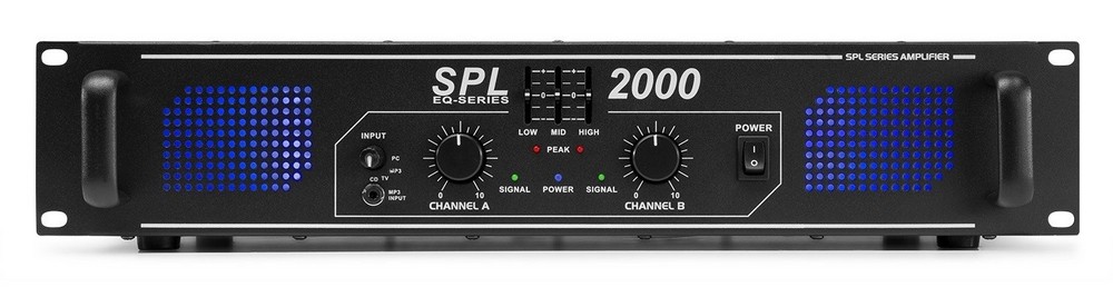 Amplificator cu 2 canale, EQ, 2x1000W, 10kOhm, intrare RCA, Jack 3.5mm, LED, Skytec SPL2000