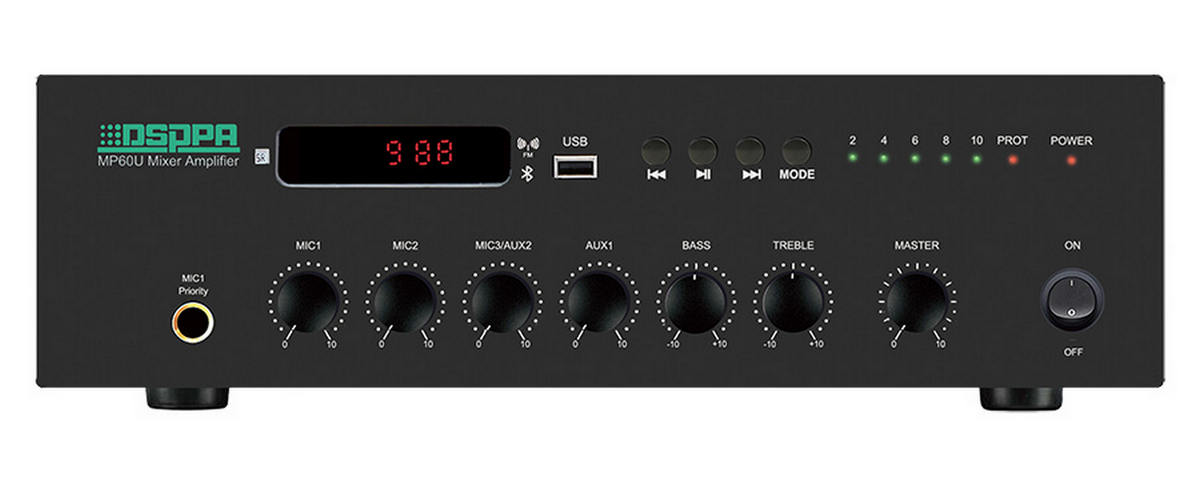 Amplificator cu mixer PA DSPPA MP60U, 60W, 100V, impedanta 4-16 ohmi, 6 canale, 3 MIC, 2 AUX, cu USB, FM si Bluetooth