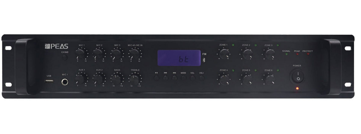 Mixer amplificator PA PEAS MA-612P, 6 zone, 120W, USB, 2x intrari AUX, 3x MIC XLR, 1x MIC Jack 6.35mm, Bluetooth