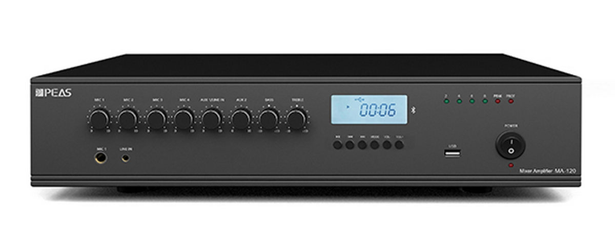 Amplificator cu mixer PEAS MA-120, putere 120W, 3x MIC XLR, 1x MIC Jack 6.35mm, 2x AUX, USB, Bluetooth