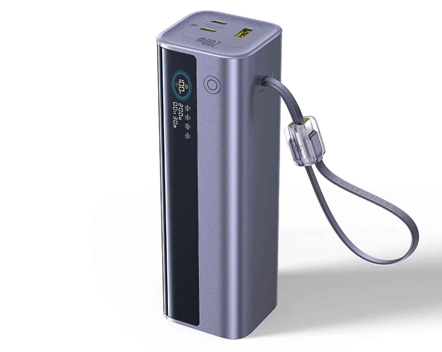 Baterie externa Baseus EnerGeek E0028Q00, 25.000 mAh, 200W, cablu USB-C dual retractabil, gri