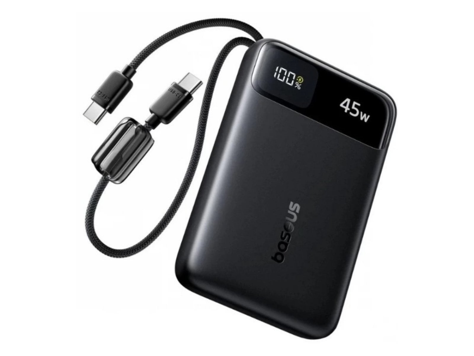 Baterie externa portabila Baseus EnerFill FC11, 10000 mAh, incarcare rapida 45W, 2 cabluri USB-C integrate, USB-C, USB-A, display digital, negru, E0031000