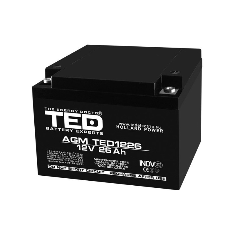 Baterie VRLA AGM TED1226 12V 26Ah 175 x 166 x 126 mm, PL 26 AH