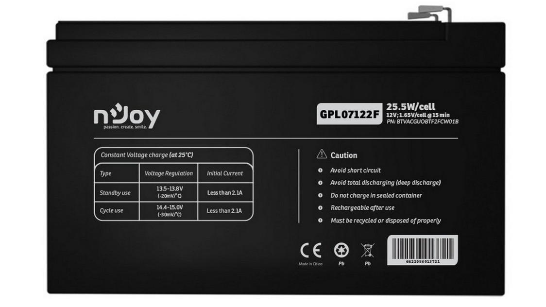 Baterie VRLA AGM, 12V, 7 Ah, pentru UPS-uri, Long life, Njoy, GPL07122F