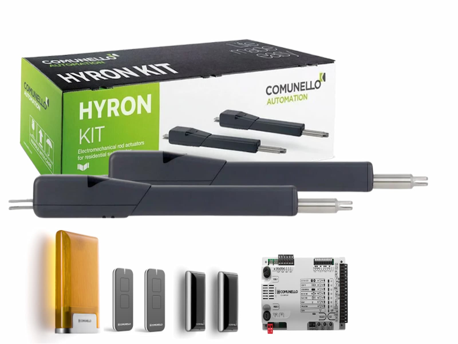 Automatizare porti batante Comunello Hyron 300 24V, pana la 2x3m, 2x400kg, placa HP, IP44, GKHN30MHLF900A
