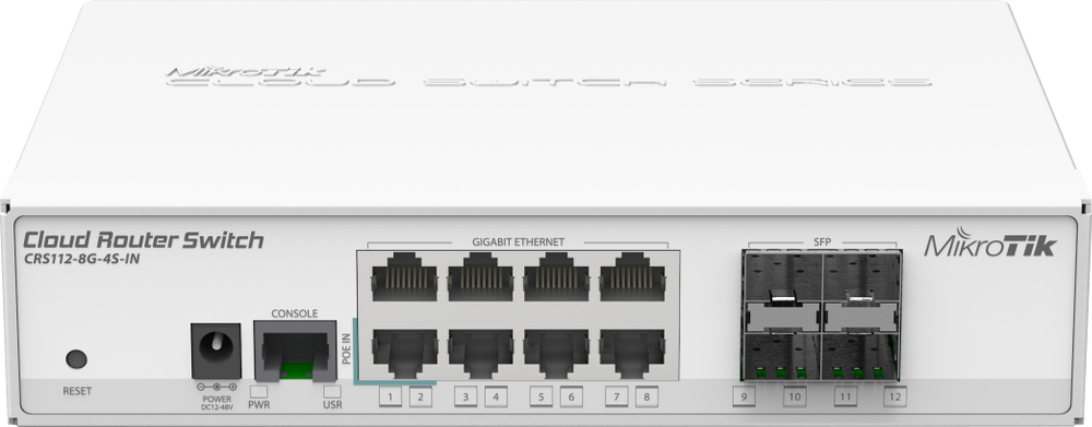 Switch 8 porturi RJ-45 Gigabit + 4 SFP, Poe IN, Microtik CRS112-8G-4S-IN