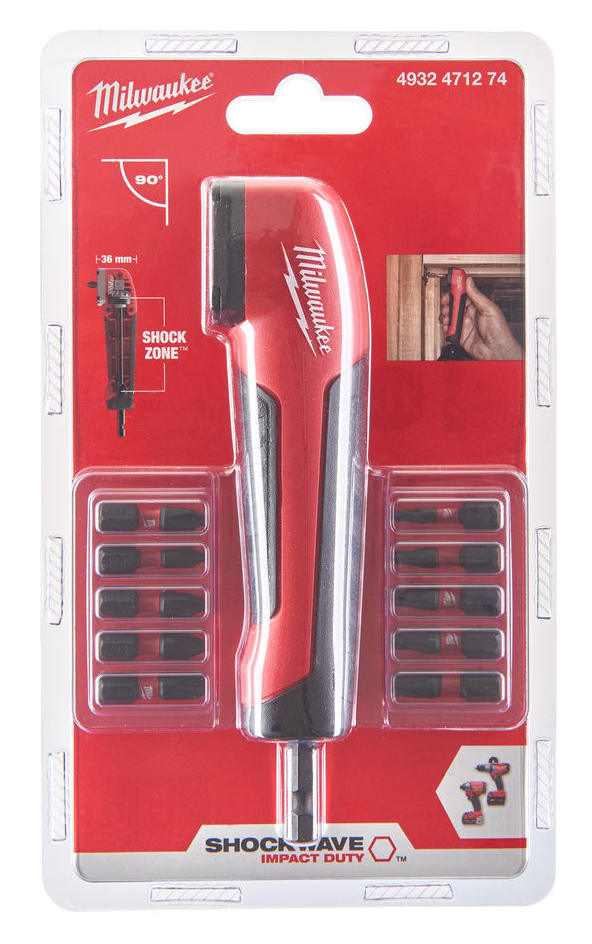 Adaptor pentru insurubat la 90 grade Milwaukee Shockwave, 10 biti, maner ergonomic, 4932471274
