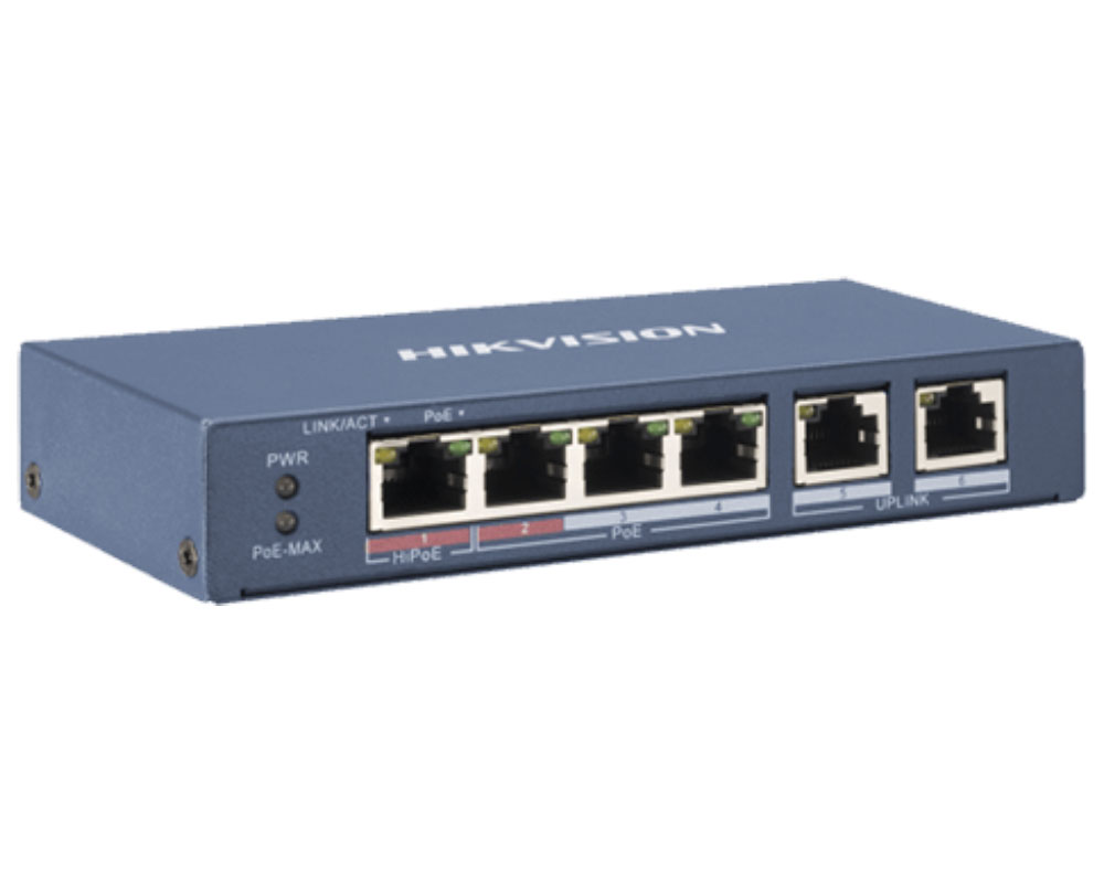 Switch Hikvision 4 Porturi PoE 35W fara management, 1.6 Gbps, 300 m DS-3E0106P-E/M