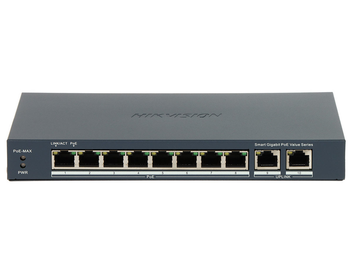 Switch PoE, Hikvision DS-3E1510P-EI/M, 8 porturi Gigabit Smart PoE, 2 porturi RJ45, 60W, cu management, transmisie 300m, protectie supratensiune 6KV
