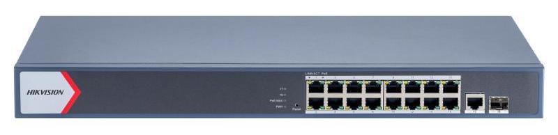 Switch PoE Hikvision DS-3E1518P-EI/M, 16 porturi PoE, 1 port RJ45, 1 port fibra optica, 130W, 300m, protectie 6kV