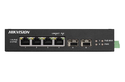 Switch 4 porturi Gigabit PoE, 2 porturi uplink SFP, Hikvision DS-3T0506HP-E-HS
