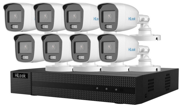 Kit supraveghere cu 8 camere de exterior Hikvision HiLook, 5MP 3K, Iluminare duala Smart, KIT208UM1+8xB159-MS