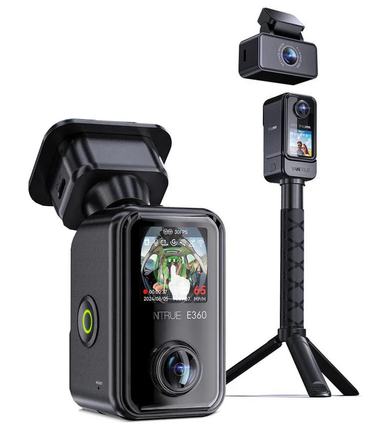 Camera auto Vantrue E360ACE, 5.2K 360°, STARVIS 2, 3 obiective (fata, interior, spate), HDR, IR, GPS, Wi-Fi 5GHz, touchscreen, mod parcare 24/7, control vocal