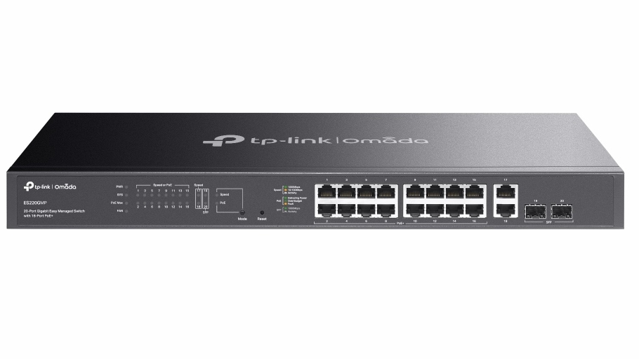 Switch Tp-Link Omada ES220GMP, 20 porturi, 16x Gb RJ45 PoE+, 2x GbRJ45, 2x Gb SFP, 250W, cu management, 250m, metalic, montare in rack