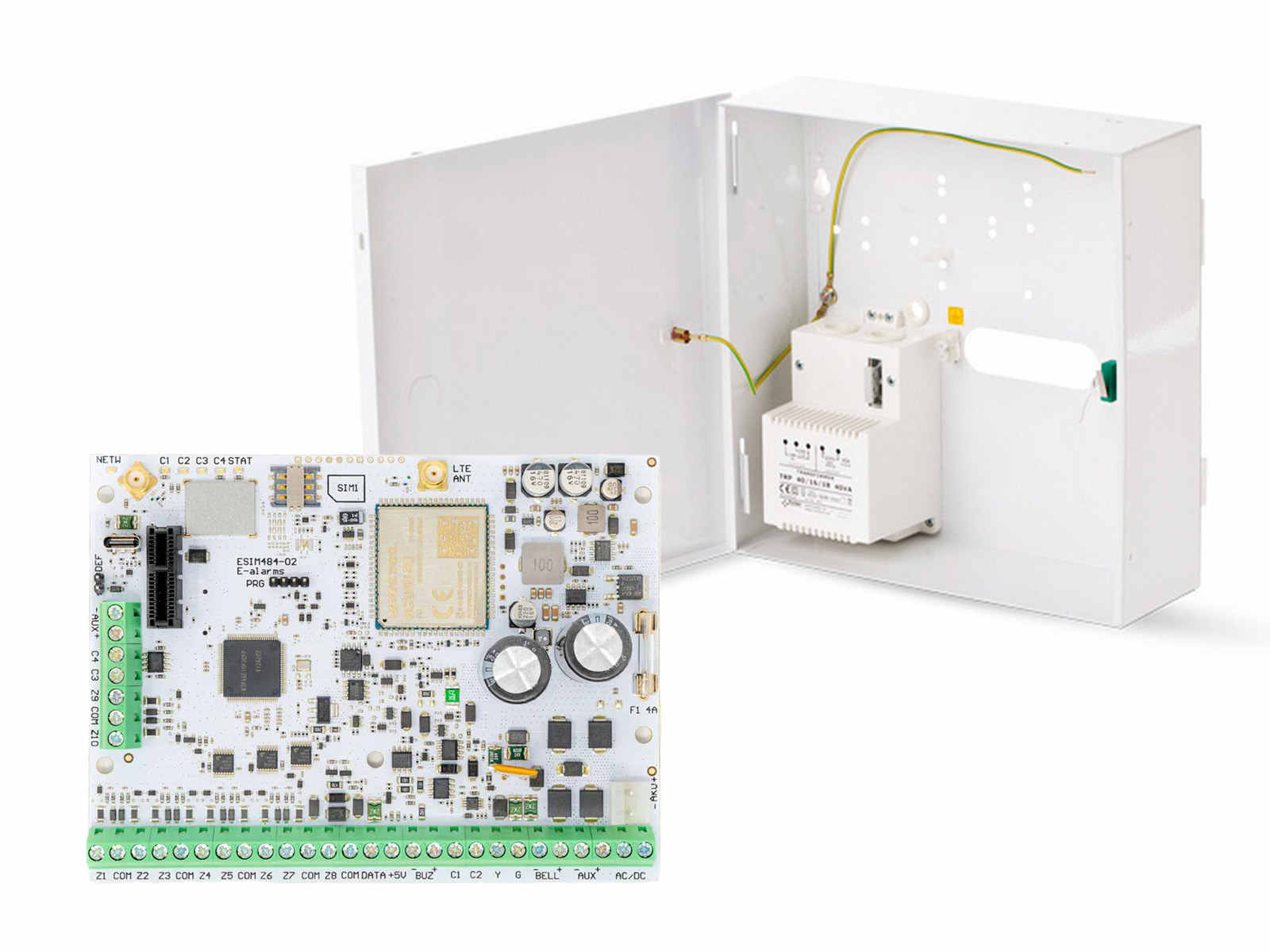 Kit centrala de alarma hibrida wireless/cablata, LTE, GSM, Ethernet si cutie din metal cu transformator, Eldes ESIM484PCB+CUTIE