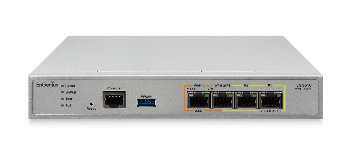 Gateway cu management prin cloud, Quad Core 2.2GHz, 2x 2.5G LAN, 2x 2.5G WAN, PoE+, VPN, 54V, EnGenius ESG610