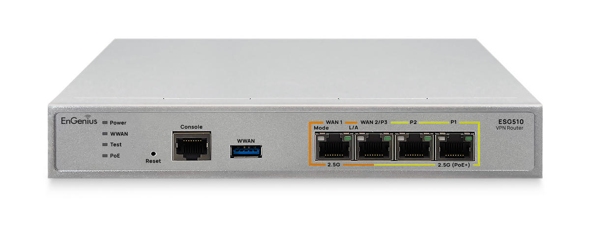 Gateway cu management prin cloud EnGenius ESG510, Quad Core 1.6GHz, 2x 2.5G LAN, 2x 2.5G WAN, PoE+, VPN, 54V