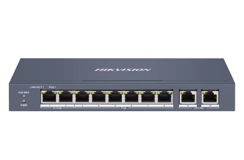Switch 8 porturi PoE  10/100 Mbps + 2 porturi RJ45, Smart Manger, Hi-PoE, Carcasa metal, IP40, Hikvision DS-3E1310HP-EI
