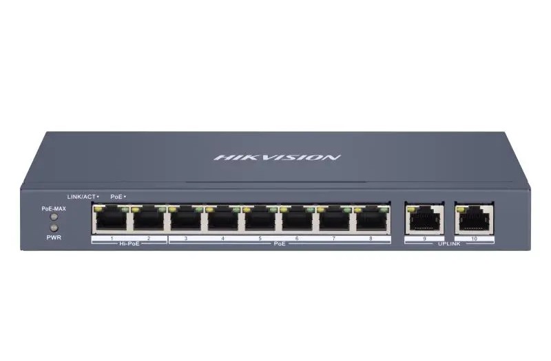 Switch 8 porturi PoE 10/100 Mbps + 2 porturi Gigabit SFP, Smart Manger, Hi-PoE, Carcasa metal, IP40, Hikvision DS-3E1310HP-EI