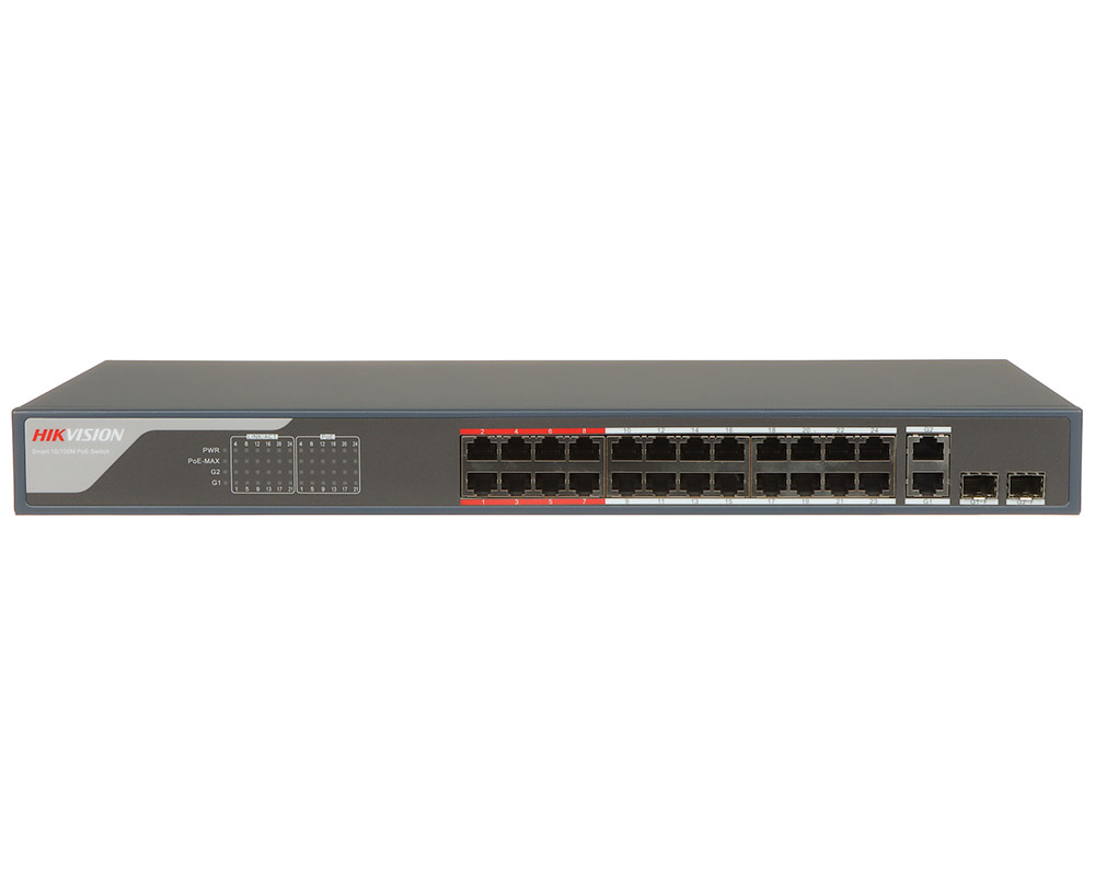 Switch PoE 28 porturi, Hikvision DS-3E1326P-EI, 24x RJ45 PoE 100 Mbps, 2x uplink Gigabit, 2x porturi SFP, 370 W, SMART Management