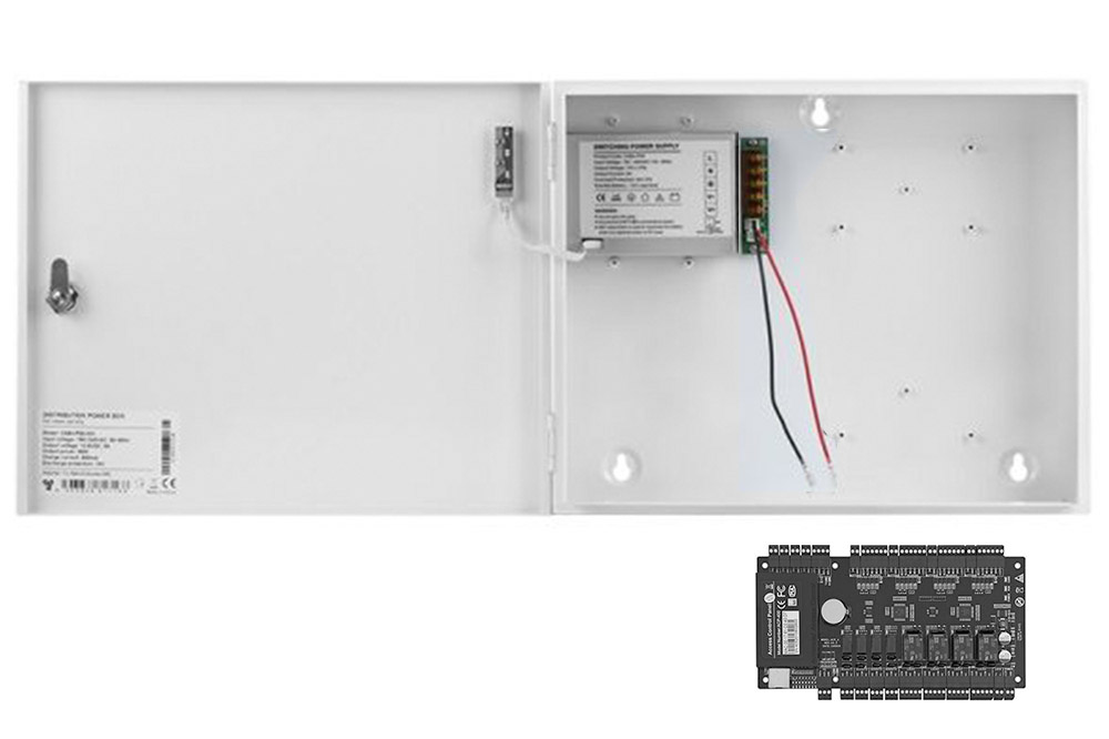 Kit centrala de control acces si de pontaj 4 usi TCP/IP si cutie metalica, CCA3-4-1+CAB4-PS5-WH