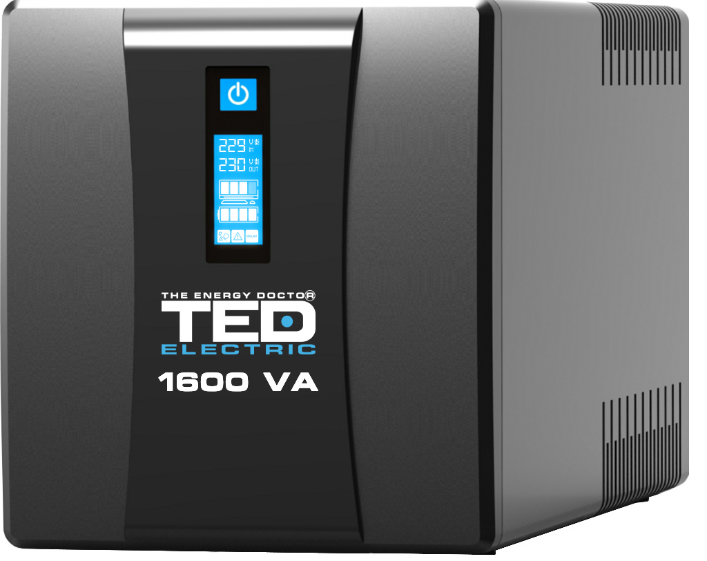 UPS cu stabilizator 1600VA, 900W, baterii 2 x 12V, 9,1Ah, 4 x prize Schuko, cu ecran LCD, TED TED004642