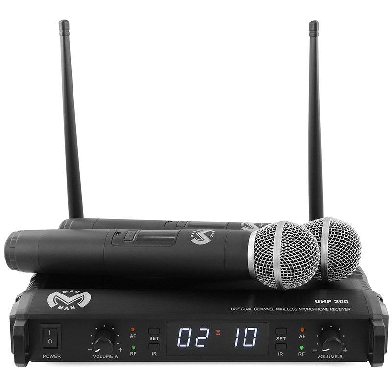 Statie cu 2 microfoane UHF wireless, 2x 16 canale, latime banda 30MHz, ecran LCD, Ibiza Sound UHF 200M