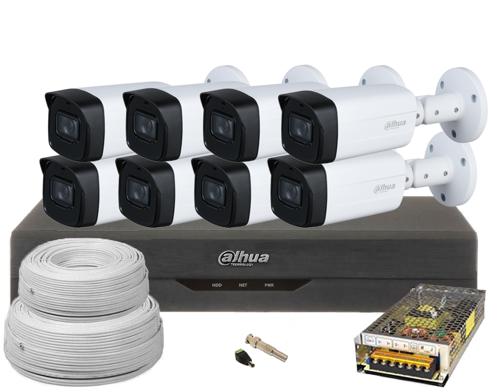 Kit supraveghere video 8 camere de exterior 5MP 2K, IR 80M, lentila 3.6mm, Dahua
