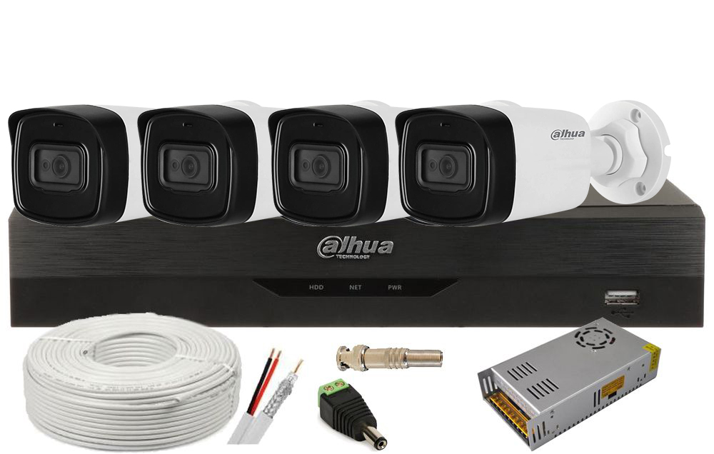 Kit 4 camere 5MP - 2.5K, IR 80m Dahua + DVR 4 canale AI + accesorii KIT4X8MPEXT-DAH-I2