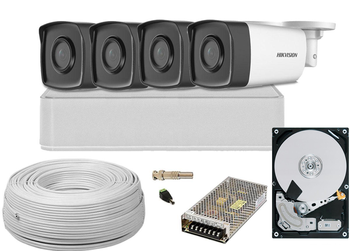 Kit 4 camere de exterior, FullHD, 80m IR, Hikvision HIK-4E28-1TB-SHQ-TW