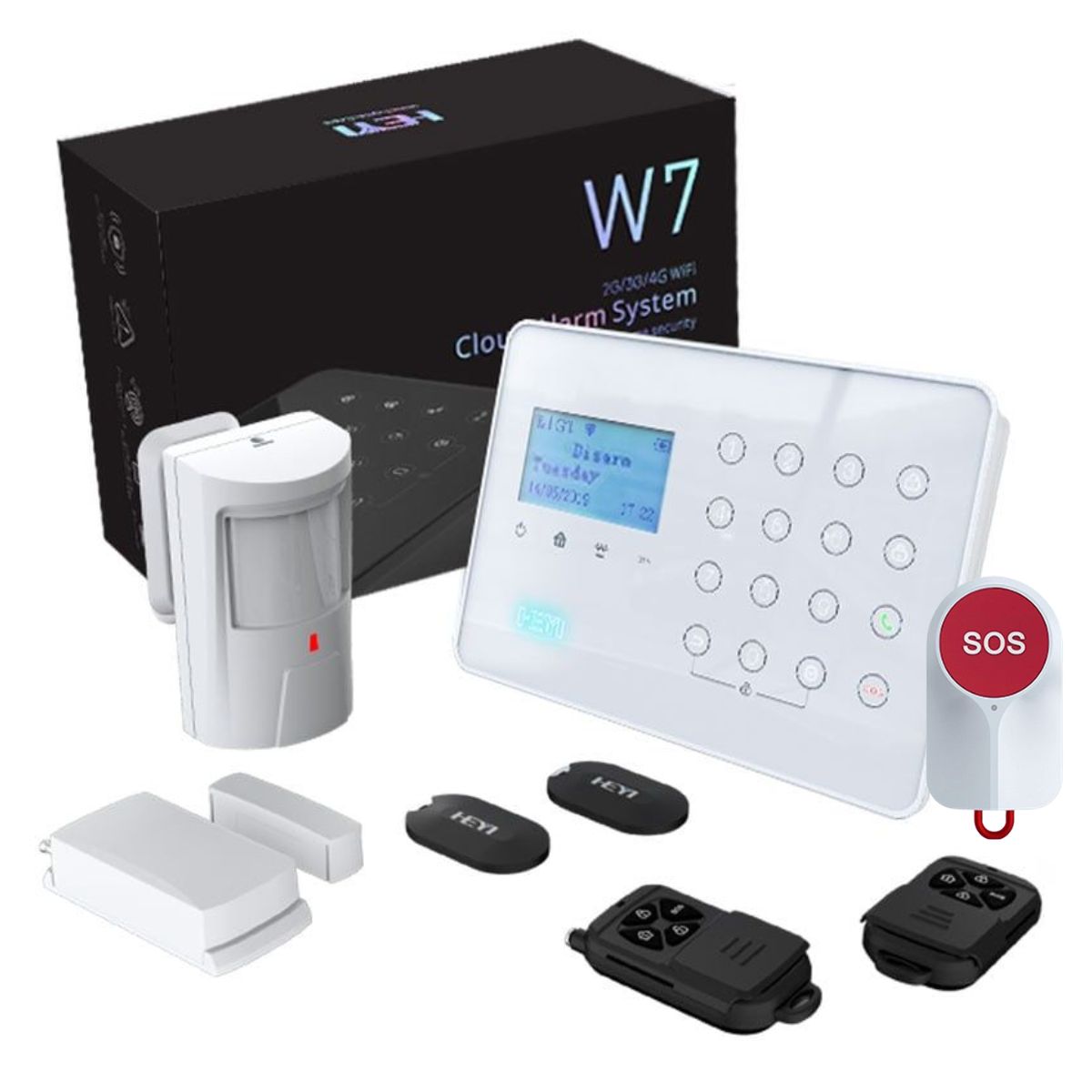 Kit alarma wireless antiefractie Heyi cu buton de panica, comunicare 3G/4G, 32 zone, sirena inclusa si control din aplicatie mobila, KIT-HEYI-W7-SOS