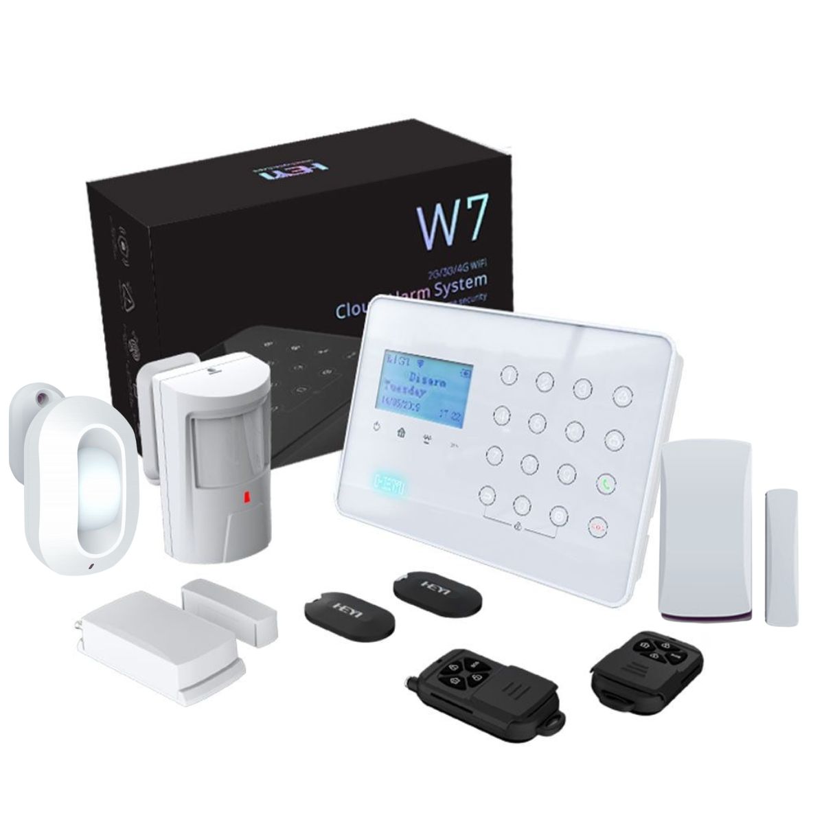 Kit alarma wireless antiefractie Heyi cu detector de miscare tip perdea si contact magnetic, comunicare 3G/4G, suport 32 zone, KIT-HEYI-W7-DC