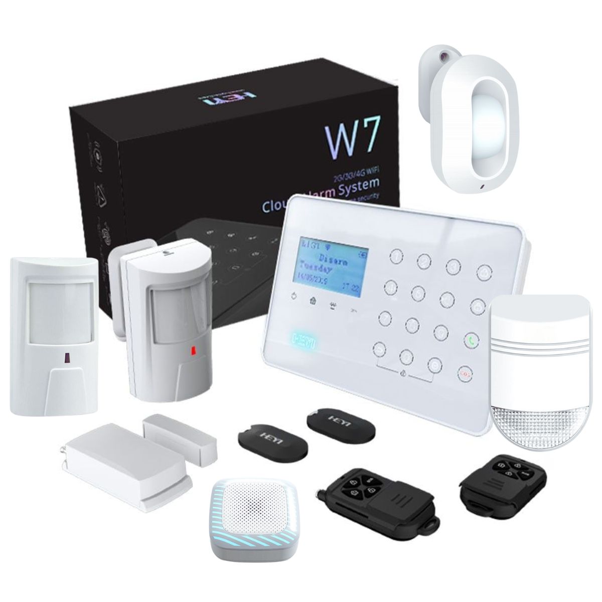 Kit alarma wireless antiefractie Heyi cu senzor de miscare, sirena exterior, sirena interior, suport 3G/4G, 32 zone, KIT-HEYI-W7-DSSS