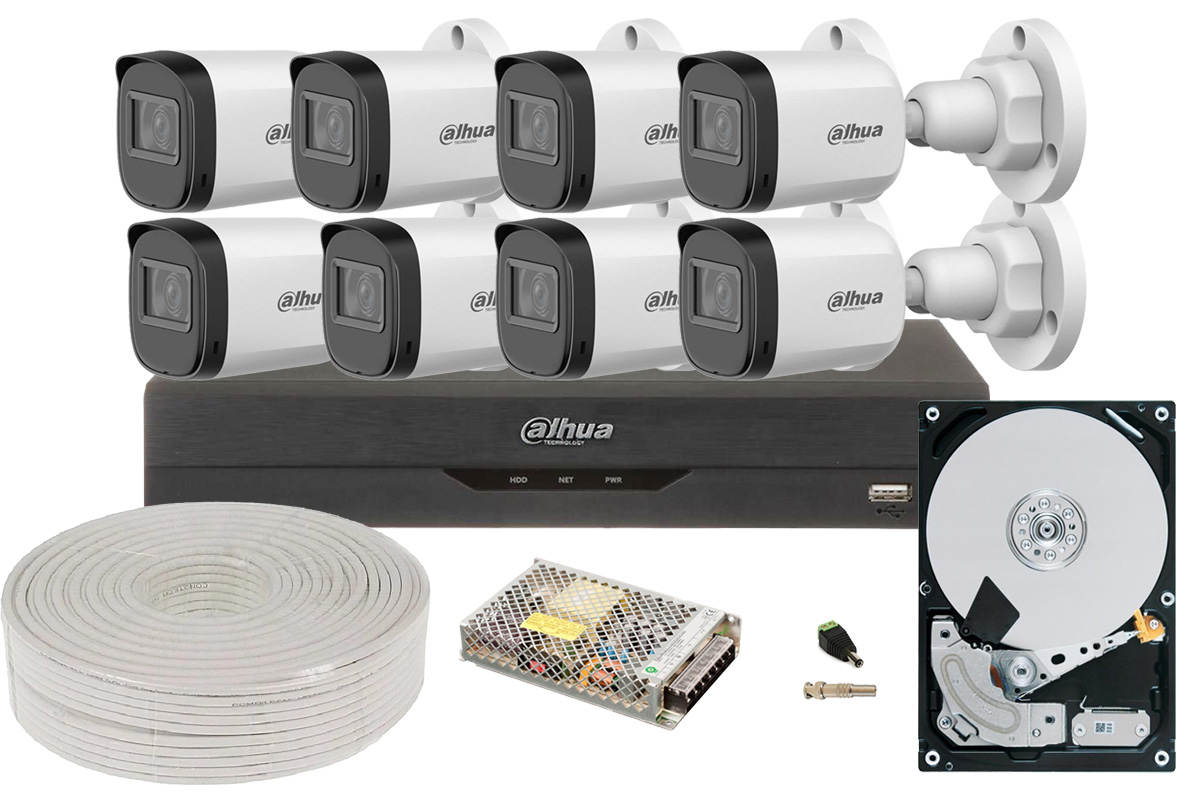 Kit complet supraveghere video, 8 Camere 2 MP, IR 30 m, HDD 1TB, DVR 8 canale 2MP, Dahua KIT-DAH-2MP-30-I3-COMPLET