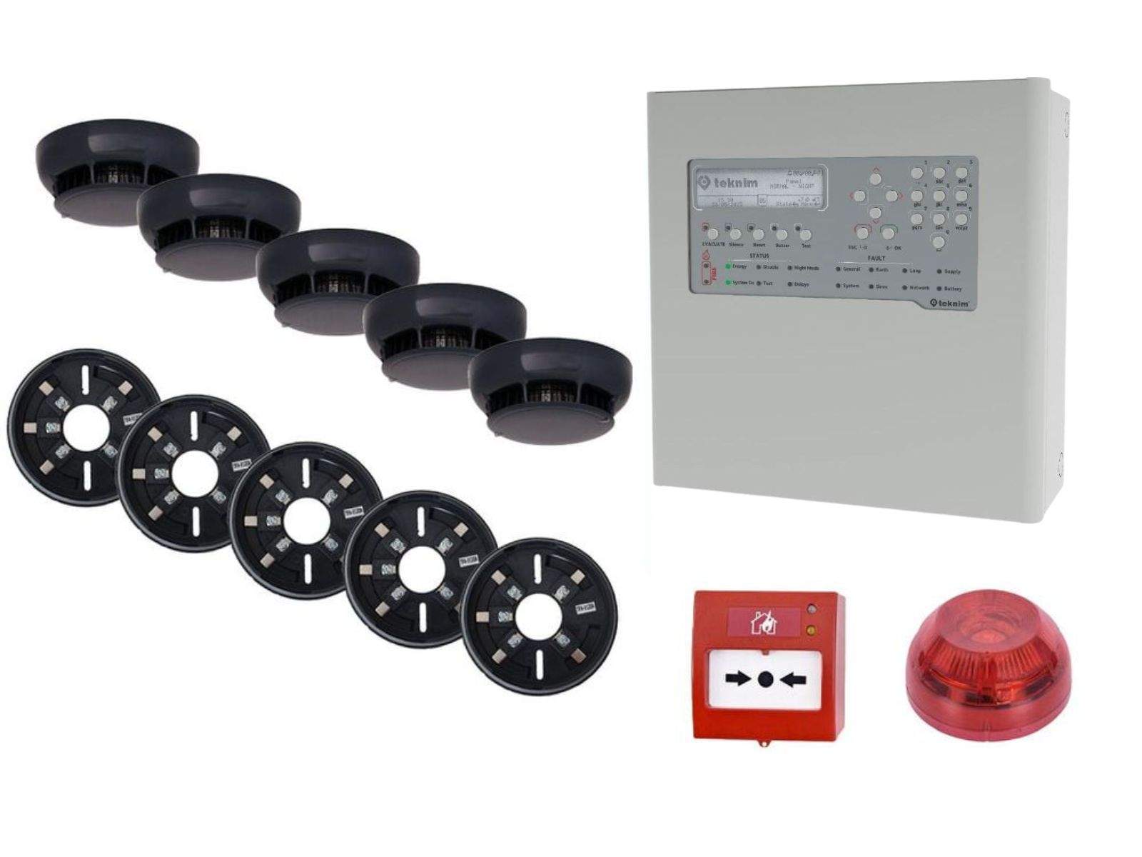 Kit de baza pentru detectie incendiu Teknim, adresabil, Centrala, 5 senzori, buton, sirena, soclu, KITADRTEK5ANTRACIT