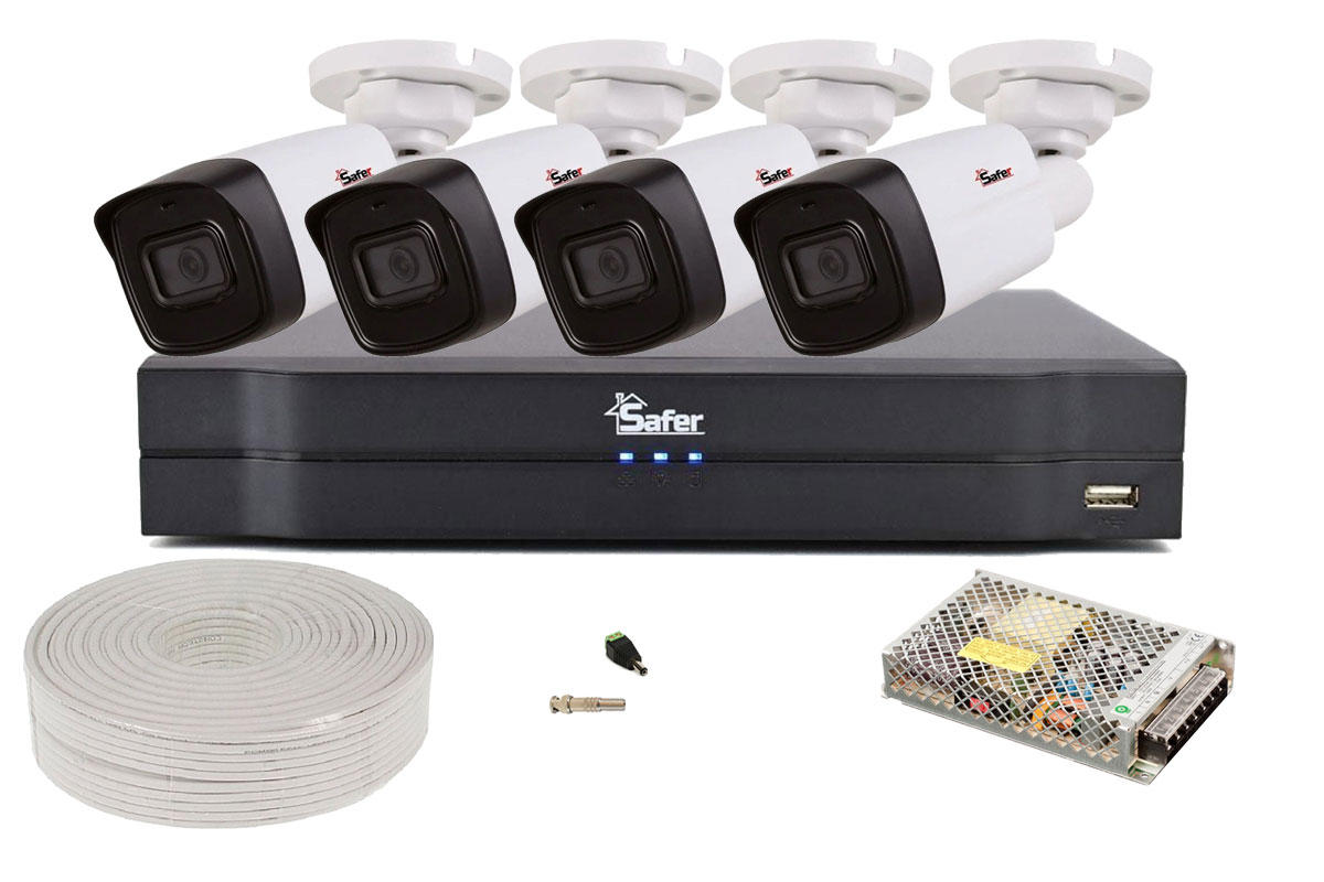 Kit de supraveghere pentru exterior, 4 camere Bullet, 5MP, DVR 4 canale, Functii AI, Accesorii incluse, Safer KITSAF4X-5MP80F36-A-ACC
