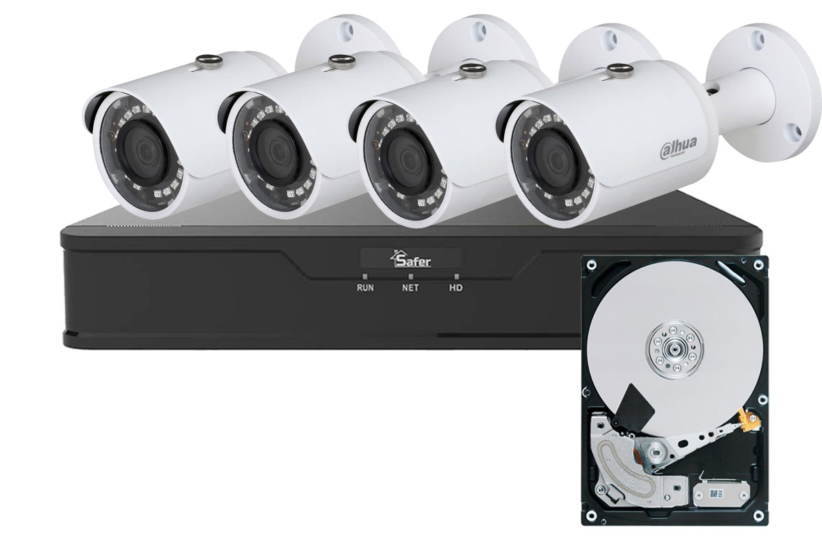 Kit de supraveghere video IP de exterior, 4 camere 2 MP, IR 30 m, NVR 4 canale, PoE, HDD (hard disk inclus), Safer, KITIP-4X-4MP420HDDPOE