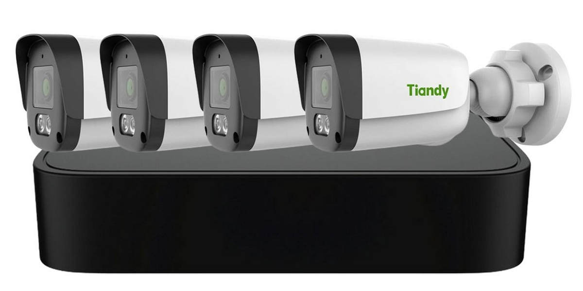 Kit de supraveghere AK Tiandy, 4 camere 4MP, 2.8mm, IR 30m, PoE, Microfon, IP67, NVR 4 canale, KIT-TN4MPAK